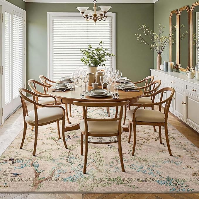 jinchan Botanical Birds 8x10 Beige Area Rugs for Living Room Washable Non Slip Soft Nature Plants Modern Carpet Vintage Ultra Thin Low Pile Indoor Rug for Bedroom Dining Room Nursery Playroom