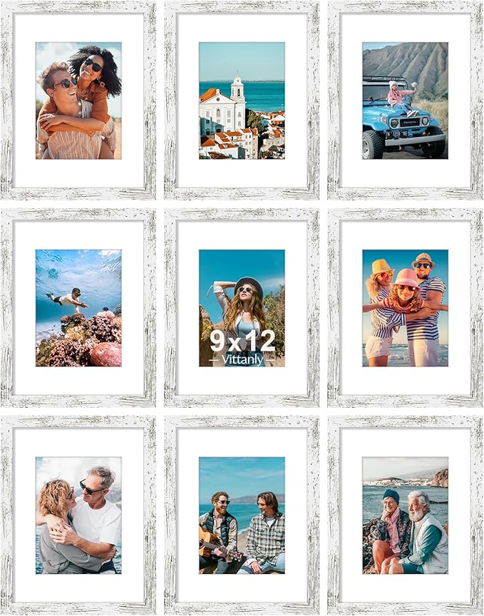 Vittanly 9x12 Picture Frames Set of 9, Shatter Resistant Plexiglass, Display 6x8 Pictures with Mat or 9x12 without Mat, Photo Frames for Wall or Tabletop, Engineered Wood, Distressed White
