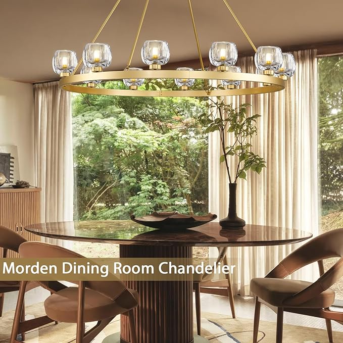 Gold Wagon Wheel Chandelier, 48 Inch Brass Chandeliers with Unique Glass Shade, 12-Light Crystal Large Wagon Wheel Chandeliers for Dining Room, High Ceiling Round Chandelier for Living Room, Foyer