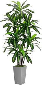 Artificial Dracaena Tree 6FT - Faux Tree with Gray Tall Planter - Fake Tropical Yucca Floor Plant in Pot - Artificial Silk Tree for Home Office Living Room Decor Indoor