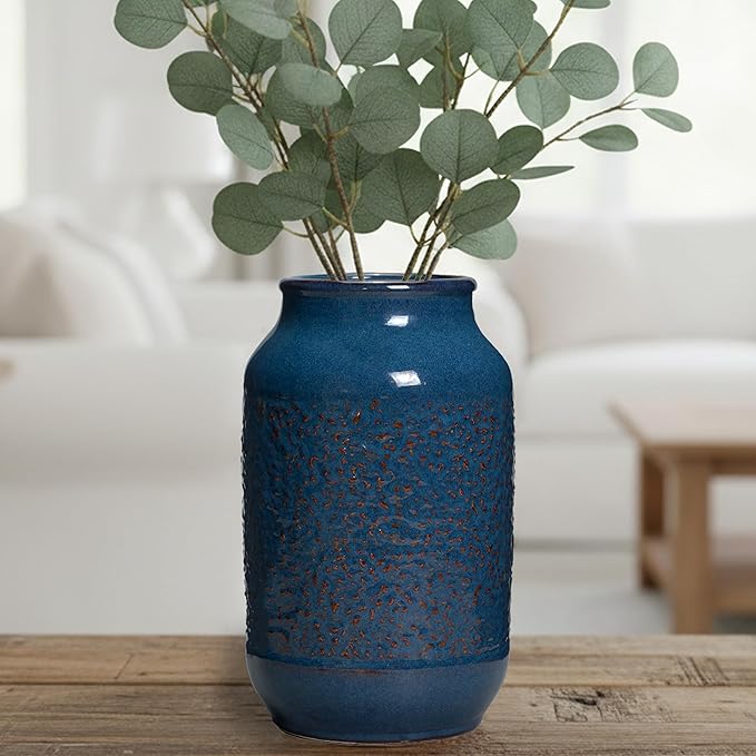 Blue Ceramic Vase for Home Decor, 9 Inch Modern Farmhouse Vase, Decorative Vases for Pampas Grass, Fireplace, Living Room, Bathroom, Tabletop, Kitchen, Office, Farmhouse Decor