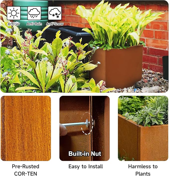 Corten Steel Corner Metal Planter Box Garden Steel Planter Pot for Patio Modern Farmhouse Rustic Design (L36 x W12 x D16, Rusted)