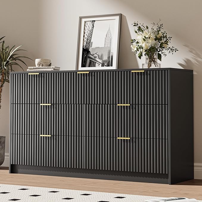 Black 7 Drawer Dresser for Bedroom, Modern Fluted Dresser with Gold Metal Handles, Wide Chest of Drawers for Bedroom, Living Room, Entryway, Hallway, 55.9" L x 15.7" D x 31.4" H