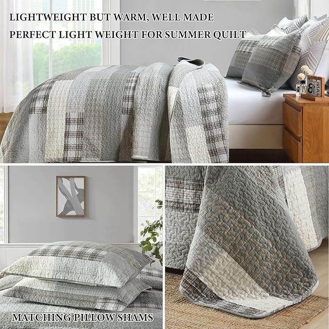 Y-PLWOMEN Quilts Queen Size - 100% Cotton Grey Queen Quilt Farmhouse Plaid Quilted Bedspread, 3 Pieces Lightweight Reversible Queen Size Quilt Bedding Set for All Season