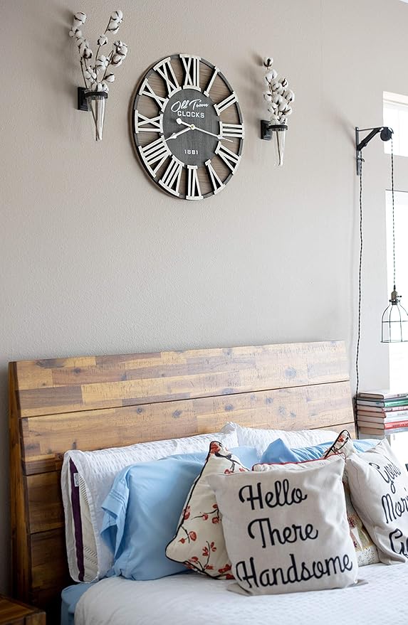 24" Rustic Farmhouse Roman Wooden Wall Clock Silver Hands (Whitewood Lettering, 24 inch)