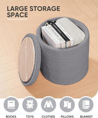 B FSOBEIIALEO Ottoman with Stroage, Round Sherpa Storage Ottoman Stool, Boucle Foot Rest 16.9"x16.9"x17.7"（Grey