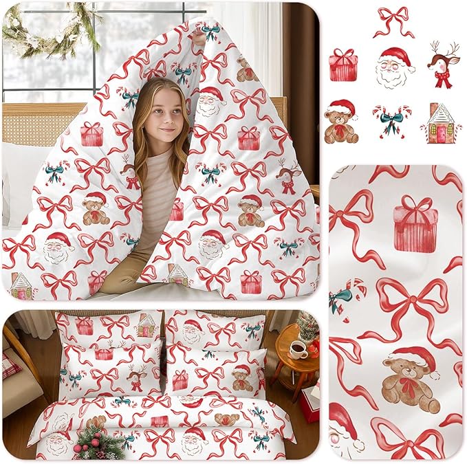 Christmas Comforter Set Full Size,Red Christmas Bed Set with Reindeer, Bows and Santa Claus Bedding for Holiday, 3 Pieces 1 Reversible Comforter and 2 Pillowcases
