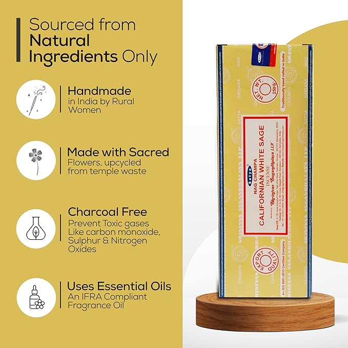Satya Californian White Sage Incense Sticks 250 gm Pack, Sai Baba Insenses with Raajsee Insence Holder Bundle, Nag Champa Natural Incense