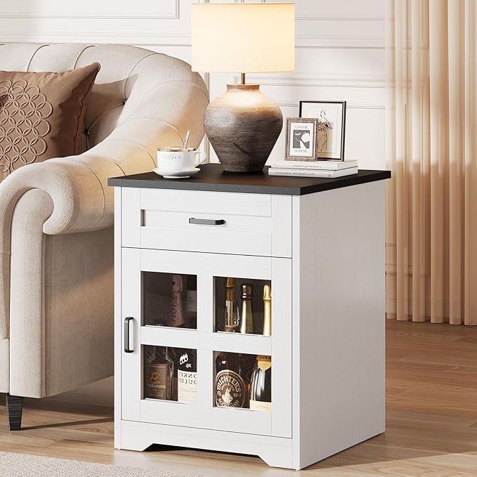 Farmhouse End Table Set of 2 with Drawer, 18" Large Side Table with Storage Cabinet and Acrylic Door, Wood Nightstand Bedside Table for Living Room, Bedroom, White