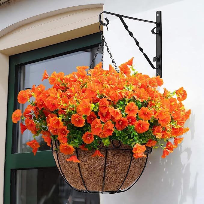 Artificial Flowers for Outdoor Decoration,16 Bundles Fake Silk Realistic Orange Morning Glory UV Resistant Faux Plastic Plants for Planter Porch Patio Yard Balcony(Orange Red)