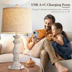 24.5" Table Lamp Set of 2, Rustic Farmhouse Bedside Lamps with USB A+C Charging Ports, 3-Way Dimmable Touch Control Nightstand Lamps for Living Room Bedroom, Antique Grey White, LED Bulbs Included