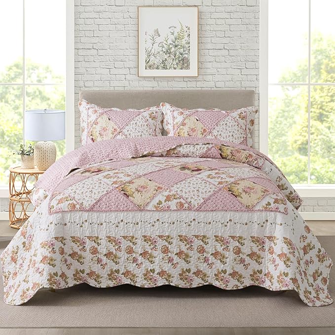 Travan 3-Piece Quilt Set Quilted Bedspread Lightweight Coverlet Set Garden Style Floral Printed Oversized Quilted Bedding Set with Shams for All Season, Exquisite, Queen Size
