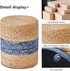 Wimarsbon Ottoman Foot Rest Stool Round Natural Seagrass Foot Stool Hand-Woven Boho Pouf Ottomans Home Decor Footstool Extra Seating for Living Room Bedroom Entryway Blue