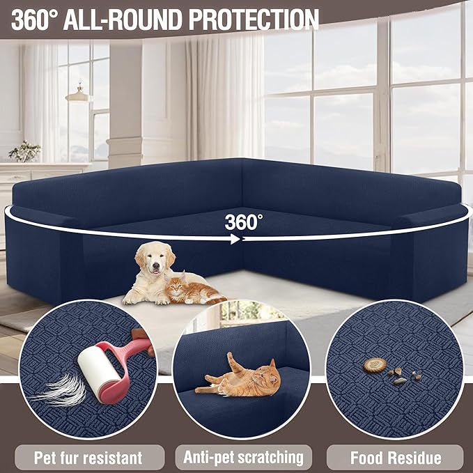 HDCAXKJ Sectional Couch Cover L Shape Stretch Sofa Covers Washable Jacquard Corner Couch Slipcover Non Slip Sectional Slip Cover U Shaped Furniture Protector for Pets Dogs (Navy Blue, Medium)