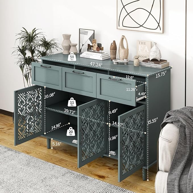 Sideboard Buffet Cabinet with Storage - Accent Storage Cabinet with Carved Pattern, Modern 3 Door 3 Drawer Cabinet, Farmhouse Wood Credenza for Living Room, Dining Room (Green)