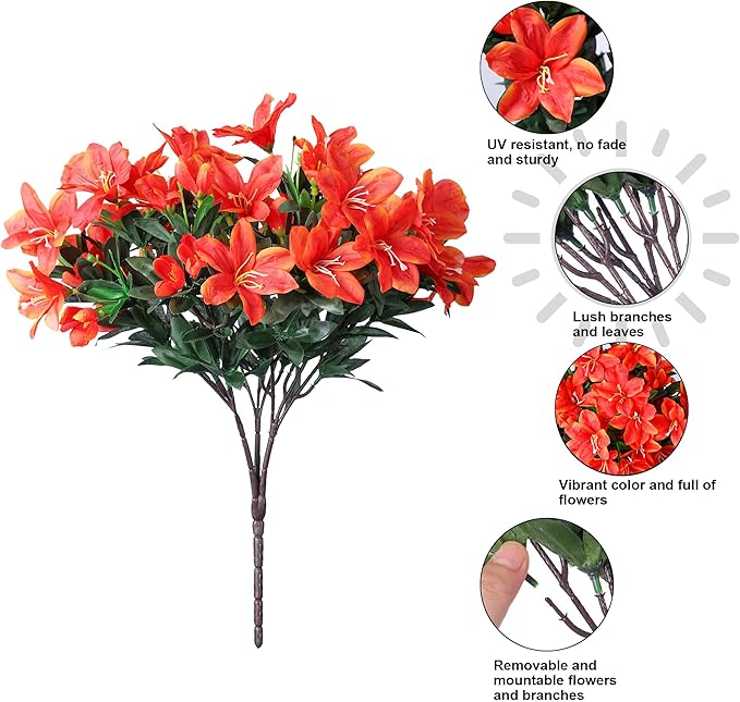 INSPRING Artificial Fall Flowers for Outdoors Decoration, 3 Bundles Fake Silk Azalea Flower Plants Outside UV Resistant Realistic Faux Flowers for Planters Porch Patio Garden Walkways Home, Orange