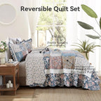 Yvooxny 3-Piece Quilt Set King Size Quilted Bedspread Reversible Country Style Blue Floral Paisley Real Patchwork Bedding Quilt Set with Ruffles with Pillowcases for All Seasons, 108 * 96 Inches