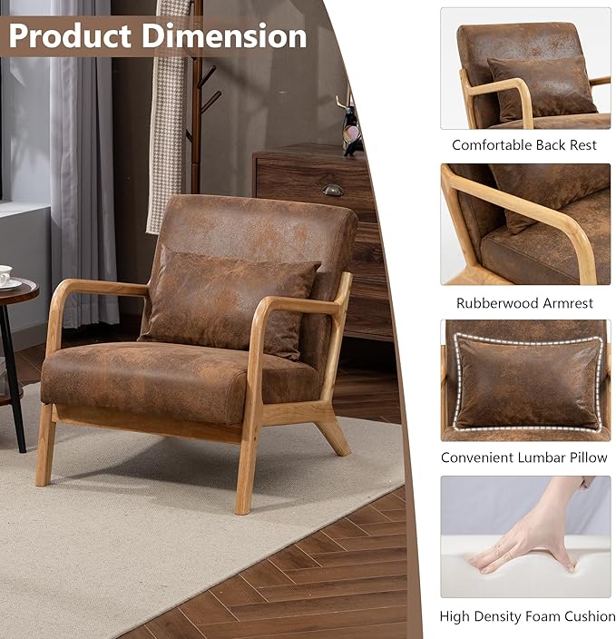 Modern Accent Chair, Cotton Linen Fabric Upholstered Lounge Armchair with Solid Wood Frame for Living Room, Bedroom, Reading Nook (Brown-Gilding)