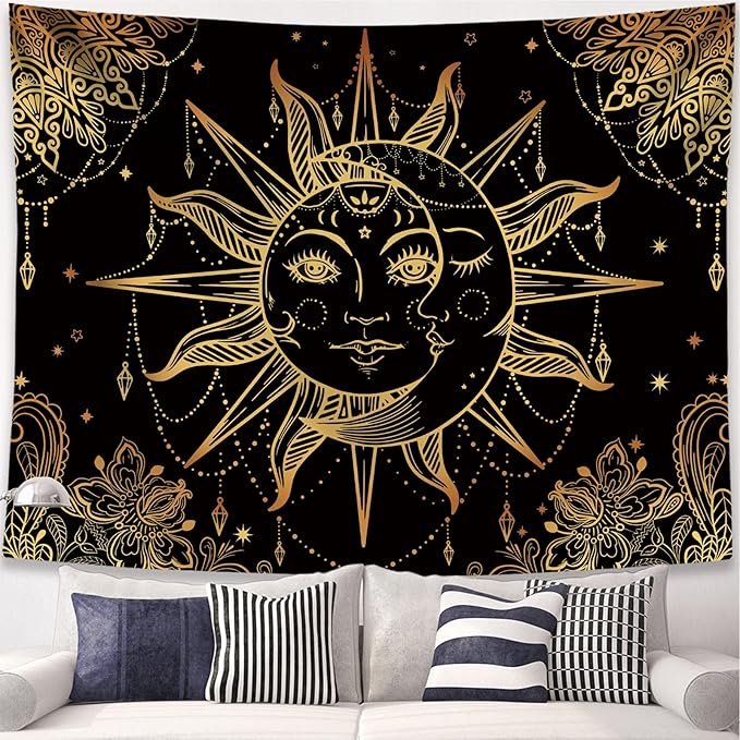 Lunerfex Hippie Sun and Moon Tapestry Bohemian Tapestry Aesthetic Cute Tapestries for Bedroom and Living Room Decor Sun 60×80 Inches