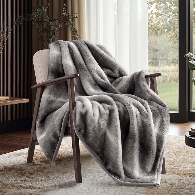 Ultra Soft Luxury Fluffy Mink Faux Fur Throw Blanket, Thick Warm Fall Winter Blankets for Bed, Couch, Cozy Plush Reversible Blanket for Chair, Sofa (Ombré Silver Onyx, 50"x60")
