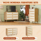 WLIVE Rattan Dresser for Bedroom, 5 Drawer Wood Boho Dresser Storage with Gold Metal Handle, Chest of Drawers for Living Room, Closet, Hallway, Light Oak