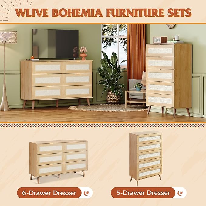 WLIVE Rattan Dresser for Bedroom, 5 Drawer Wood Boho Dresser Storage with Gold Metal Handle, Chest of Drawers for Living Room, Closet, Hallway, Light Oak