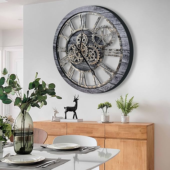 The B-Style Large Wall Clock 24 inch Moving Gear Wall Clock Oversized Vintage Farmhouse Wall Clocks for Living Room Decor Decorative Rustic Industrial Wood Clock (Carbon Gray)