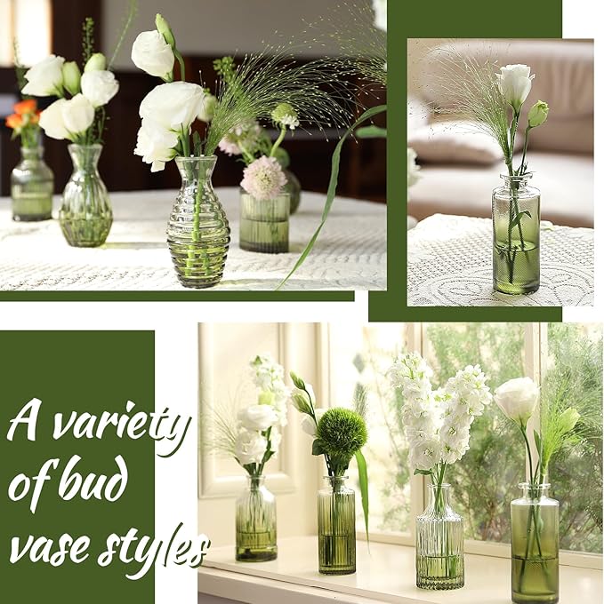 Green Bud Vases Set of 12, Green Glass Vase for Decor, Small Vases for Flowers Ribbed Flower Vase Stripe Bud Vases in Bulk Wedding Birthday Bridal Shower Centerpieces Home Table Decoration