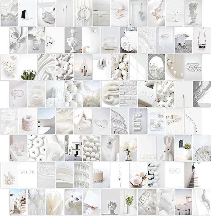 Y2K BOO Elegant White Wall Collage Kit - 100 Aesthetic Posters for Room Decor, Perfect Dorm and Bedroom Wall Art, Minimalist White Collage Kit for Teen Girls