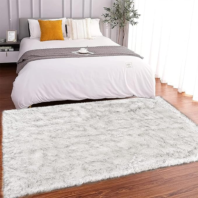Latepis Area Rug 5x8 Living Room Rugs White with Grey Tips Large Bedroom Fluffy Shag Rugs Washable Faux Fur Rug for Dorm Soft Rugs Home Decor Rectangle