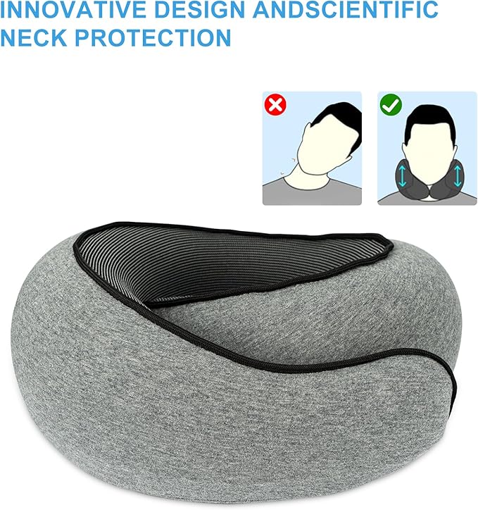 WVR Travel Pillows for Airplanes, 360° Neck Pillow for Long Travel, 100% Pure Memory Foam Flight Pillow, Sleeping Pillow with Comfortable Breathable Cover for Car, Airport Travel Essentials, Grey