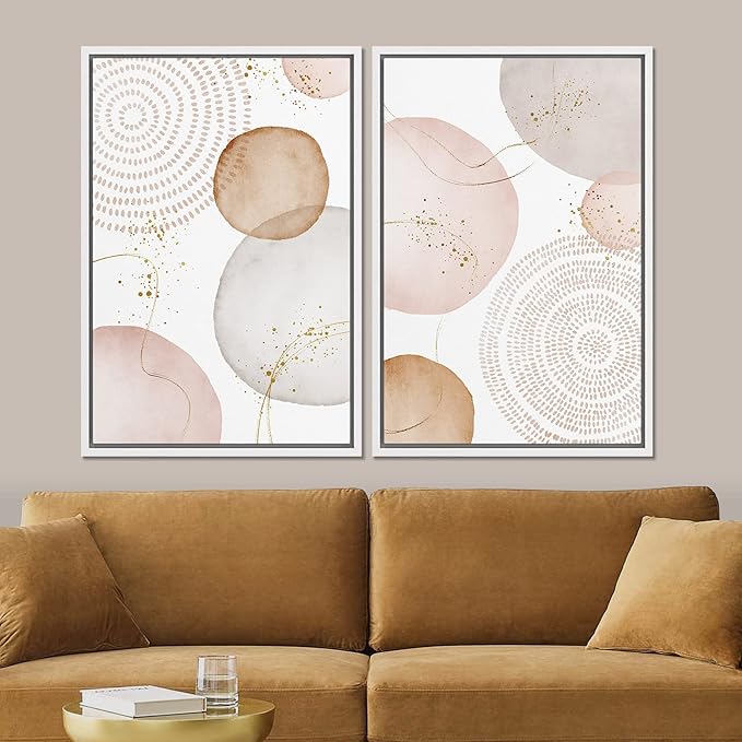 SIGNFORD Framed Wall Art Print Set Pastel Pink Gray Watercolor Circles Abstract Shapes Illustrations Modern Minimalist Relax/Calm Multicolor for Living Room, Bedroom, Office - 16"x24"x2 White