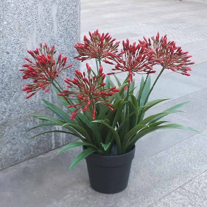 Artificial Flowers for Outdoors 18.9 in Large Fake Plants Outdoor Red Flower Agapanthus Spring Summer Decoration Outside for Front Porch Garden Window Box Decortion