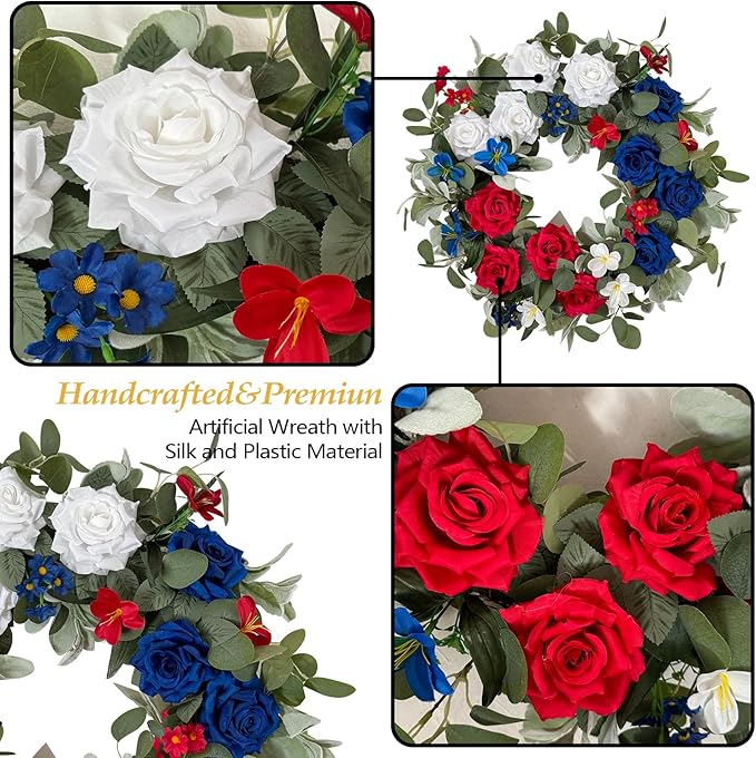 WANNA-CUL Patriotic Wreath Decorations, 24 Inch Rose 4th of July Wreaths for Front Door, Red White Blue Spring Door Wreath for Independence Day, Memorial Day for Indoor Outdoor Decor