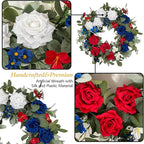 WANNA-CUL Patriotic Wreath Decorations, 24 Inch Rose 4th of July Wreaths for Front Door, Red White Blue Spring Door Wreath for Independence Day, Memorial Day for Indoor Outdoor Decor