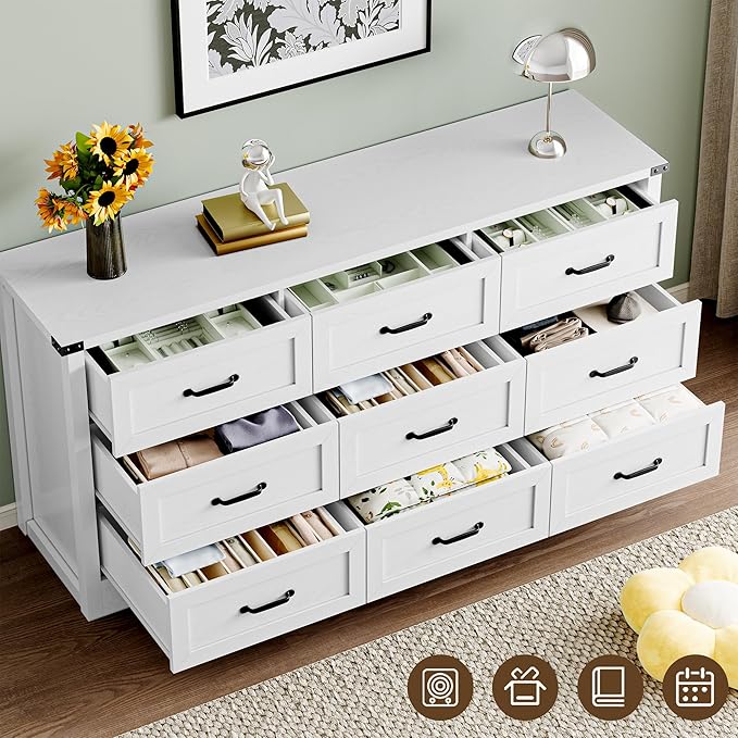 9-Drawer Dresser for Bedroom, Modern Wooden Chest of Drawers with Metal Handles, Anti-Tipping Design, Sturdy and Stable Storage Organizer for Living Room, Entryway, Home Office