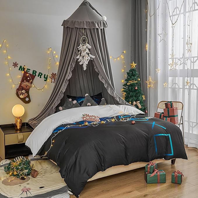 VETHIN Bed Canopy for Girls,Princess Round Dome Dreamy Mosquito Net Bedding Girls Room Castle Play Tent Hanging House Decor Reading Nook Canopies (Grey)