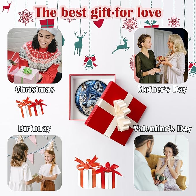 Stained Glass Window Hanging - Funny Wolf Suncatcher Ready to Hang Window Doors Home Decoration and Christmas, Mother's Day Birthday Gifts for Women, Men, and Mom 14.9x14.9 in