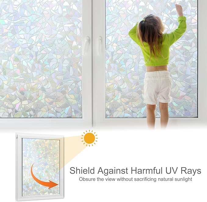 Volcanics Rainbow Window Privacy Film with Installation Tools, Decorative Stained Glass Window Film, Static Cling Heat Control Window Tinting Film Stickers, Grayish Silver, 17.5 x 78.7 inches