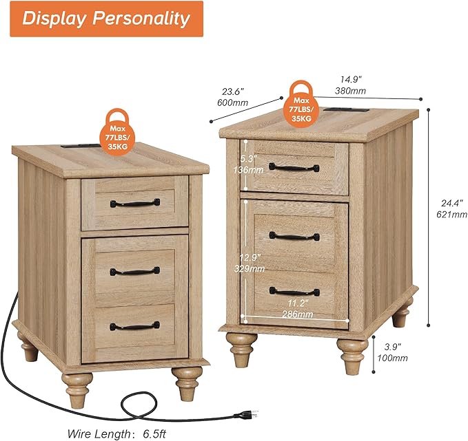 WAMPAT Set of 2 End Tables with Charging Station, Wooden Side Table with Drawer & Storage Cabinet, Farmhouse Nightstands with Power outlets USB Ports for Living Room & Bedroom, Oak