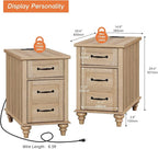 WAMPAT Set of 2 End Tables with Charging Station, Wooden Side Table with Drawer & Storage Cabinet, Farmhouse Nightstands with Power outlets USB Ports for Living Room & Bedroom, Oak