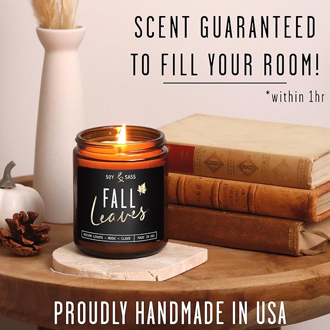 Fall Candles - 'Fall Leaves' Fall Candle w/Autumn Leaves, Clove & Musk I Infused with Essential Oils I Autumn Scented Candles I Cozy Cute Autmn Décor Gifts I 9oz Jar I 50Hr Burn I Made in USA