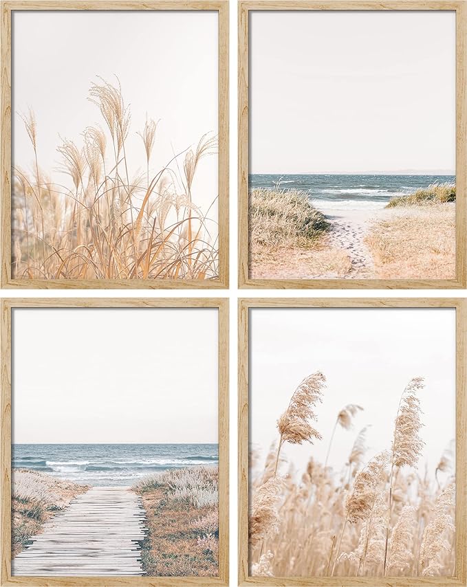 SIGNWIN Poster Bathroom Decor 11"x14"x 4, Wall Art Room Decor Multicolor for Living Room, Bedroom, Office White Pampas Grass Beach Ocean Shore Horizon Nature Wilderness Realism Landscape Colorful
