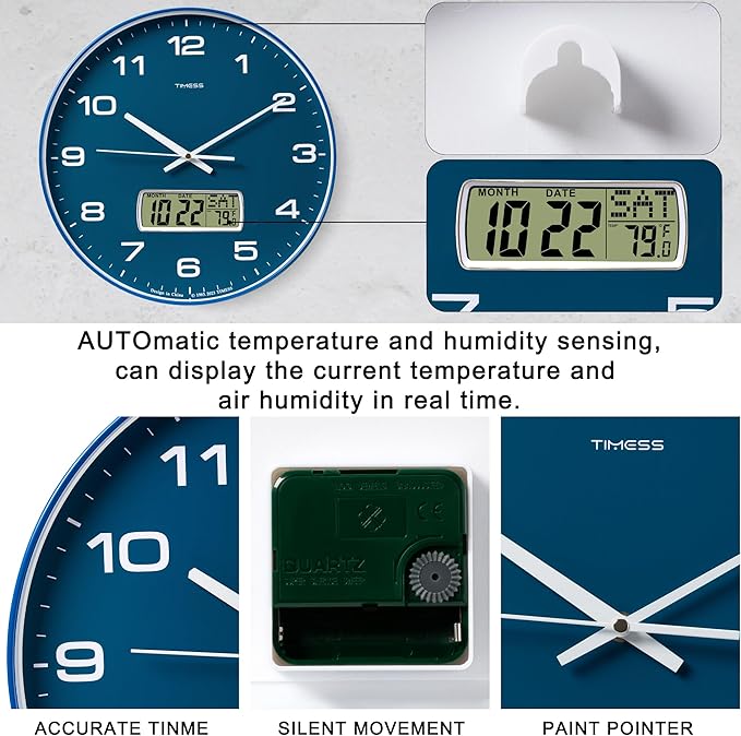 Wall Clock, 14" Large Dial Non-Ticking Silent Battery Operated Analog with LCD Display for Perpetual Calendar and F° Temperature, Ideal Modern Home, Bedroom, Kitchen, Office Decor (Blue)