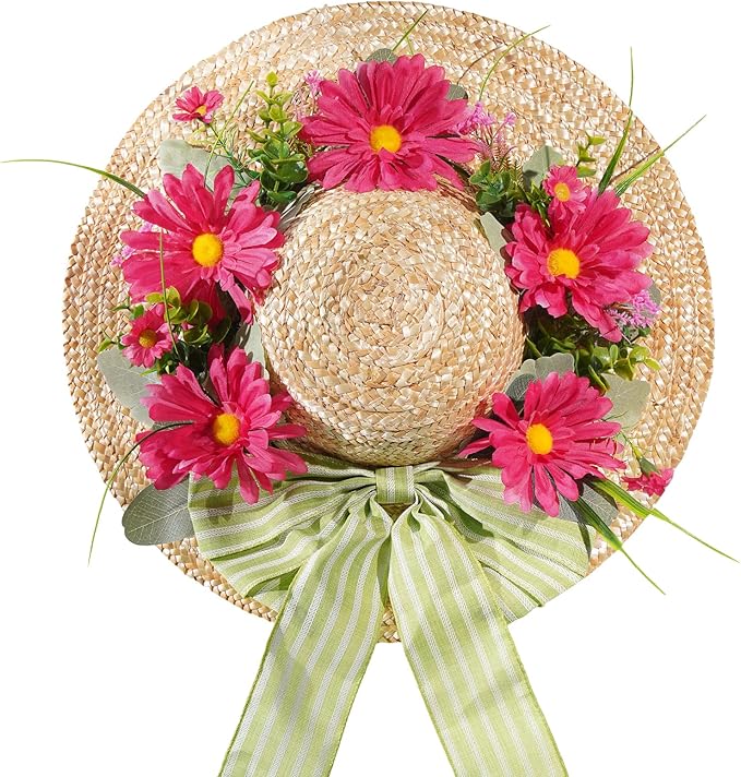 Dilicoming Spring Wreaths for Front Door - 16 Inch Spring Summer Hat Wreath with Artificial Flower, Gift for Women, Indoor Outdoor Wreaths for Wall, Window, Farmhouse, Party, Holiday Home Décor