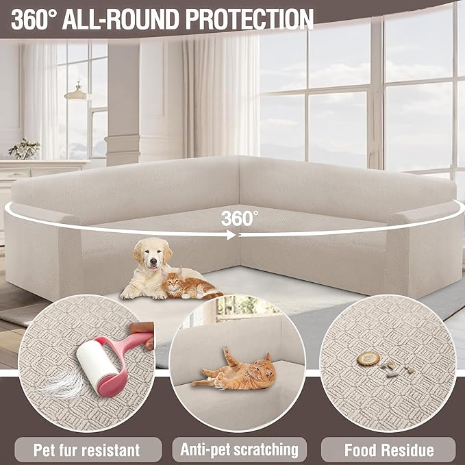 HDCAXKJ Sectional Couch Cover L Shape Stretch Sofa Covers Washable Jacquard Corner Couch Slipcover Non Slip Sectional Slip Cover U Shaped Furniture Protector for Pets Dogs (Natural, Large)