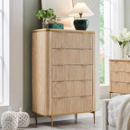 T4TREAM Fluted 5 Drawers Dresser for Bedroom, 48" Tall Modern Dresser Chest of Drawers, Gold Accents, Fluted Fronts, Wood Storage Dressers Organizer for Bedroom, Living Room, Natural Oak