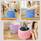 XeGe Fluffy Faux Fur Inflatable Pouf Ottoman, Soft Shaggy Fuzzy Foot Stool, Plush Furry Foot Rest Floor Pouf Anti-Slip, Foldable Round Ottoman Cushion Living Room Bedroom Home Decor, Ombre Blue