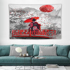 Japanese Red Geisha Tapestry Asian Cherry Blossom Red Sun Traditional Kimono Folk Tapestries Home Decor for Living Room Bedroom Apartment Farmhouse Dorm 90"x60"