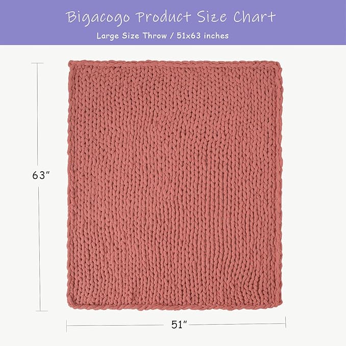 Bigacogo Chunky Knit Throw Blanket for Couch, 51x63 inches, 100% Hand Knitted with Thick Jumbo Chenille Yarn, Cozy Soft Large Rope Knot Cable Crochet Blankets for Sofa Bed Living Room, Antique Red